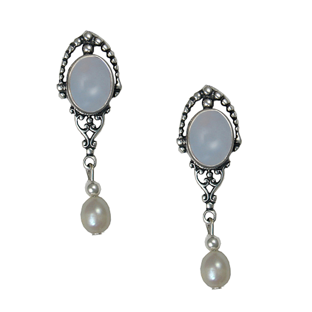 Sterling Silver Cultured Freshwater Pearl Drop Dangle Earrings With Chalcedony